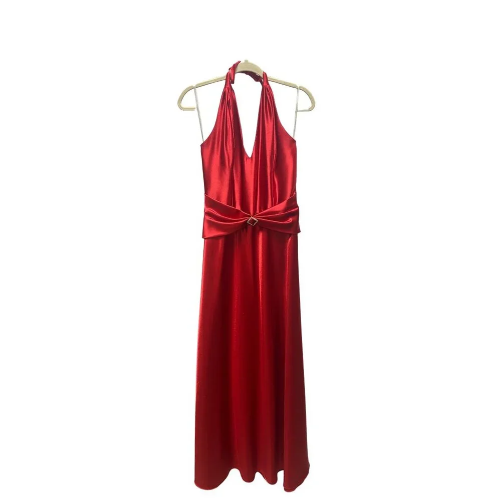 Jessica McClintock Gunne Sax Vintage 90's Red Satin Halter Evening Gown with Rhi - Picture 2 of 9